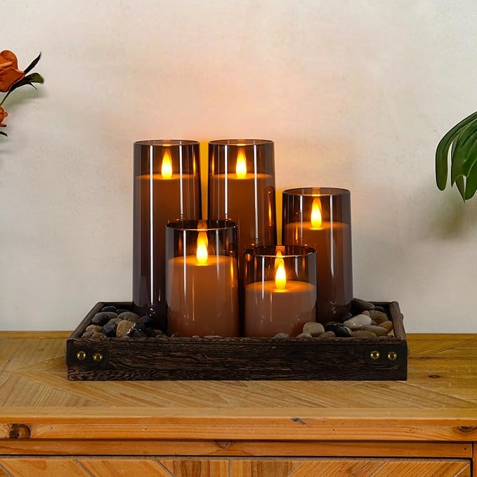 Homemory Realistic Flickering Flameless Candles, Battery Operated Candles, LED Fake Electric Candle with Remote Control and Timer for Home, Christmas Decoration, Grey, Set of 5