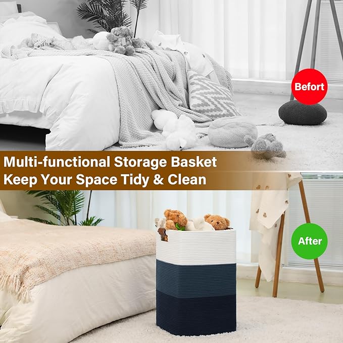 Laundry Hamper 96L Extra Large Laundry Basket, Woven Blanket Basket, Cotton Woven Storage Hamper with Handles for Living Room, Large Baskets for Pillows, Blankets, Clothes-Gradient Blue