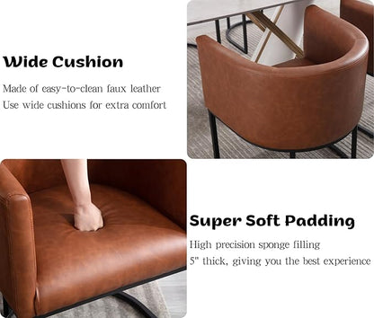Faux Leather Dining Chairs Set of 2 Modern Barrel Arm Chairs with Black Metal Frame, Upholstered Kitchen Chairs 18.5" Wide Accent Chairs for Living Room Dining Room Restaurant, Brown