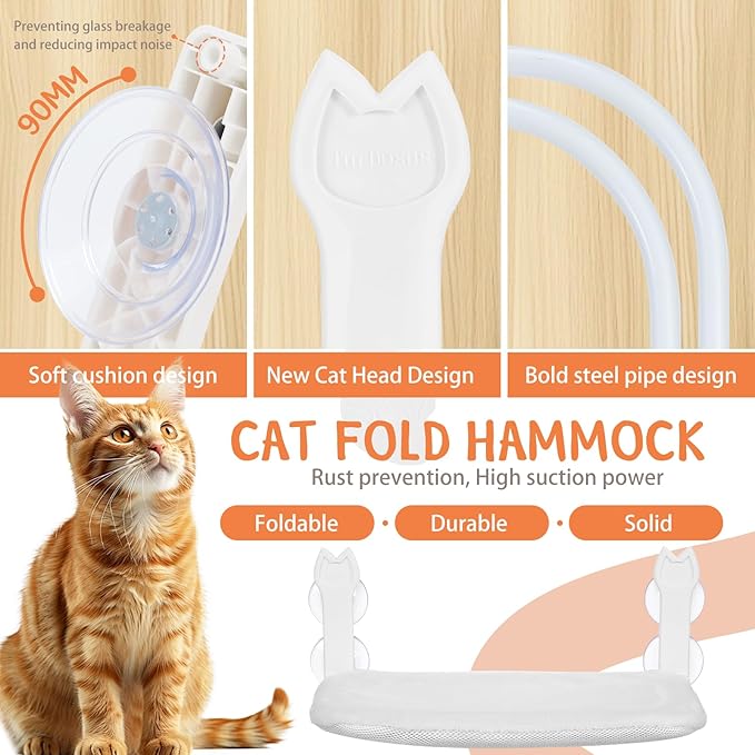 Cat Window Hammock 2-Pack,Foldable Cat Perch with Suction Cups & Metal Frame,Holds up to 40 lbs - Durable & Secure for Cats,Features 2-Sided Cushion & Easy Storage for Sunny Lounging(White)