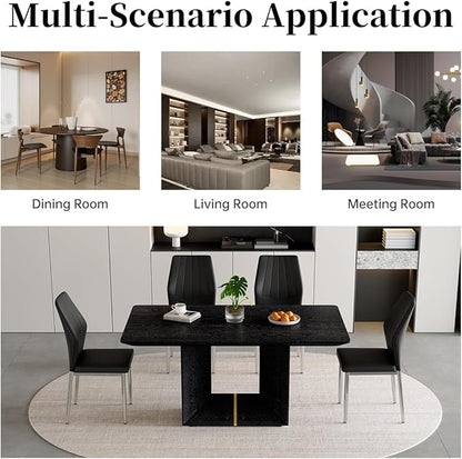 63" Modern Black Dining Table Set for 6 with Chairs, 7 Piece Rectangular Dining Room Table and 6 PU Leather Chairs, Kitchen Dining Set with Matte Wood Finish, Geometric Base, Easy Assembly