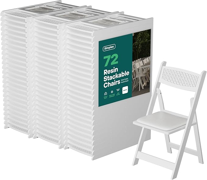 SIMPLEX White Stackable Folding Chairs with Padded Seat & Mesh Back, Padded Indoor/Outdoor Folding Chair, Lightweight Foldable Chairs, Weight Capacity 800LBs (72 Pack)