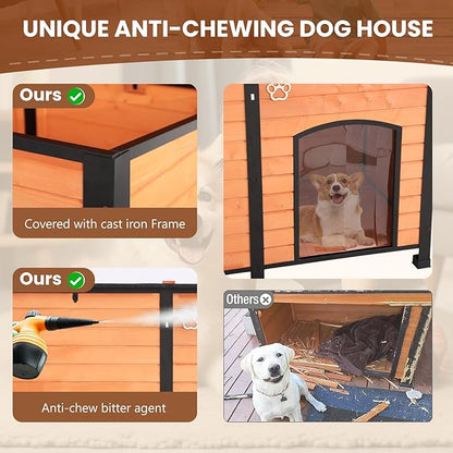 Outdoor Dog House, 55” Extra Large Wooden Dog House with Anti Bite Iron Frame Weatherproof Finish Outside Paw Print Dog House for Large and Medium Dogs (Brown, 55" Dog House)