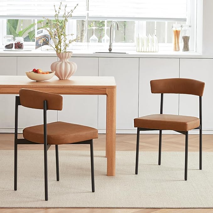 Brown Faux Leather Dining Chairs Set of 2, Armless Upholstered Kitchen Chair,Modern Dining Room Chair with Curved Backrest