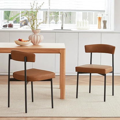 Brown Faux Leather Dining Chairs Set of 2, Armless Upholstered Kitchen Chair,Modern Dining Room Chair with Curved Backrest