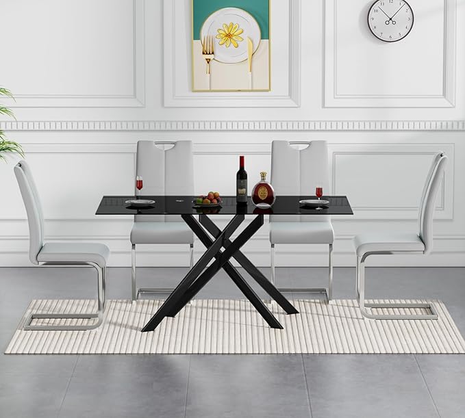 Goujxcy Modern Glass Dining Table Set for 4, Black Glass Kitchen Table and Chairs Set, 5 Piece Dining Room Table Set with 51" Rectangle Dinner Table and 4 Grey Leather Dining Chairs