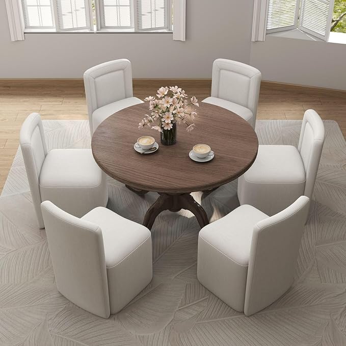 White Upholstered Dining Chairs Set of 6, Armless Modern Linen Dining Chairs with High Back, Kitchen Chair for Dining Room/Restaurant/Living Room