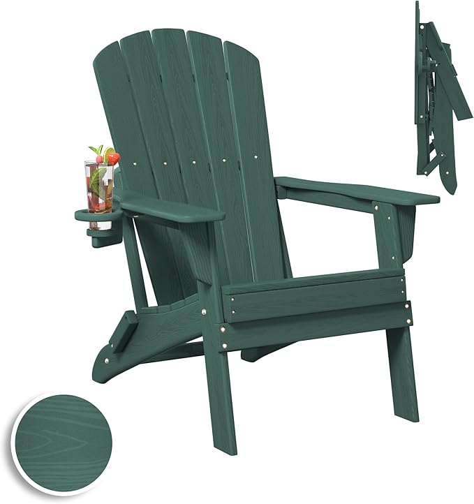 Plawdlik Folding Adirondack Chair, SGS Tested, Wooden Textured with Cup Holder, Heavy All-Weather HDPE Comfortable Set Poolside Backyard Lawn Green