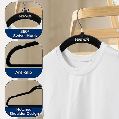 SereneLife 30 Pack Velvet Hangers – Non-Slip Clothes Hangers with Heavy Duty Design, Slim Space-Saving Coat Hangers with 360° Swivel Hook, Strong Lightweight Closet Organizer Set for Clothes (Black)