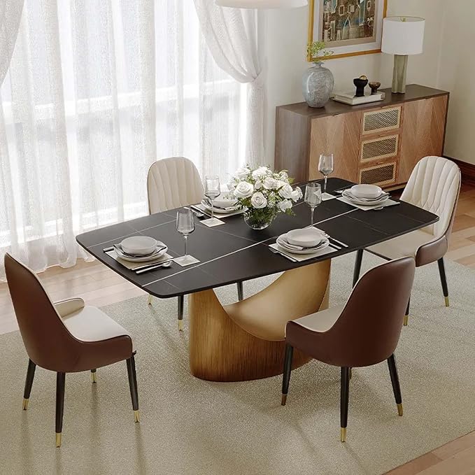 POVISON 63" Hobart Modern Dining Table for 4, Matte Black Heavy-Duty Rectangle Dining Table, Sintered Stone Dining Tabletop with Bronze Carbon Steel Pedestal (Table Only)