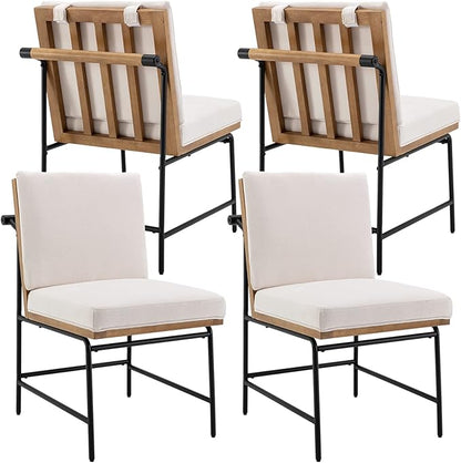 DUOMAY Mid-Century Modern Dining Chairs Set of 4, Linen Upholstered Side Chair with Rear Handle, Armless Chair with Metal Legs for Kitchen Dining Room Living Room Vanity, White