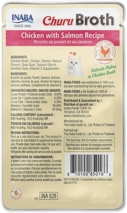 INABA Churu Broth for Cats, Side Dish Pouch, 1.4 Ounces per Pouch, 12 Pouches, Chicken with Salmon Recipe