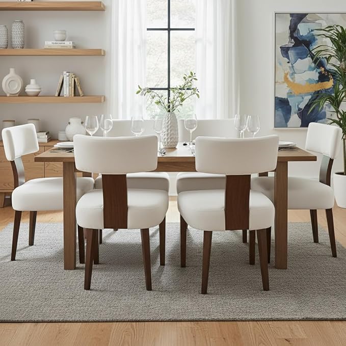 Upholstered Dining Chairs Set of 6, Modern Wooden Kitchen Chairs Fabric Side Dining Room Chair Farmhouse Dinner Chair for Kitchen Dining Room, Cream