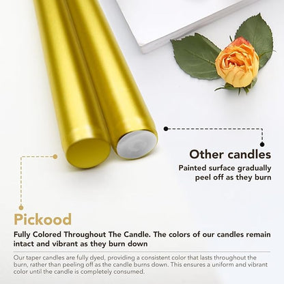 New Burning Formula Unscented Dripless 12-Inch Taper Candles Set of 12 - Gold, for Wedding, Dinner - Smokeless, Long Burning - Hand Poured, Colored Tall Candlesticks - Oro