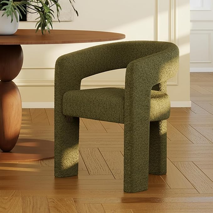 Modern Sherpa Barrel Dining Chair Upholstered Faux Fur Dining Room Chair with Arm Comfy Accent Side Chair for Kitchen/Living Room/Reception, Green, 1 PC