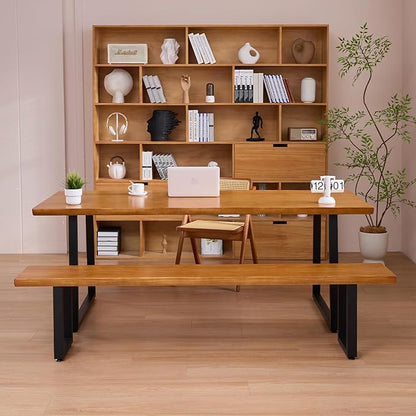Durable Solid Wood Top Bench with Sturdy Metal Legs – Versatile Dining & Office Seating - Multi-Size Options Ideal for Living Room, Dining Room, and Home Office(Dark yellowbench, 55.12in)