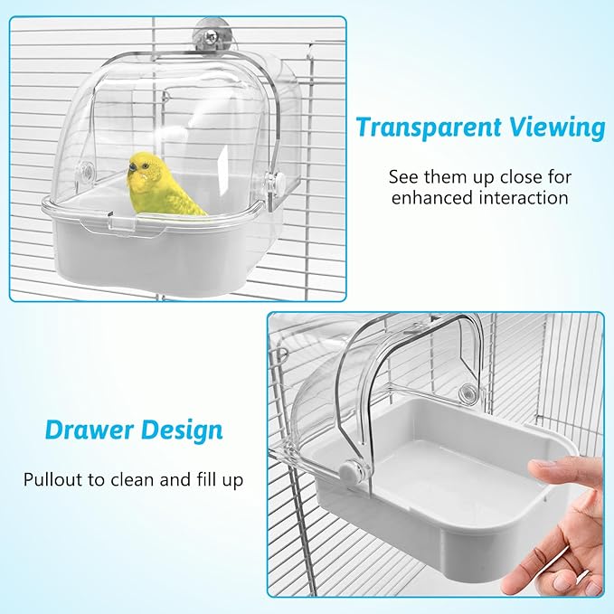 Tfwadmx Bird Cage Bath Hanging Parrot Bath Tub Water Shower Food Feeder Holder Tray Bird Bath Supplies for Small Birds Canary Budgies Cockatiel Lovebirds (White)