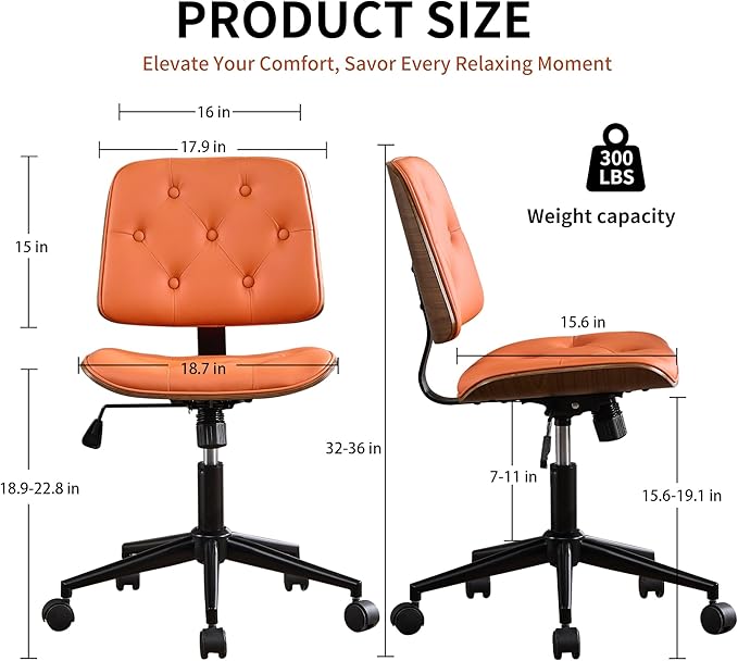 Small Home Office Chair - Armless Mid Back Desk Chair with 360° Swivel and Wheels, PU Upholstered Height Adjustable Modern Walnut Computer Chair for Home, Office Meeting Room - Orange