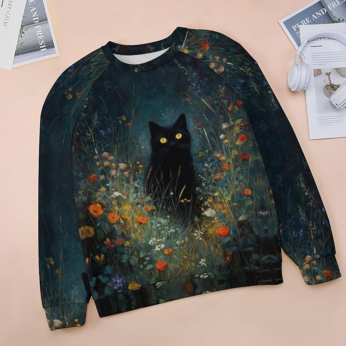 Abstract Cute Cat Shirts for Women Long Sleeve Lady Crewneck Pullover Sweatshirt Fall Winter Oversized Tops