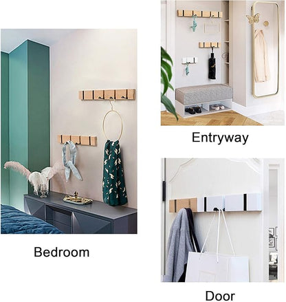 Wooden Wall Mounted Folding Coat Rack – Modern, Sleek Space-Saving Hanger for Entryway, Hallway, Living Room, Bedroom, Bathroom – Natural 4 Hooks(2 Pack)