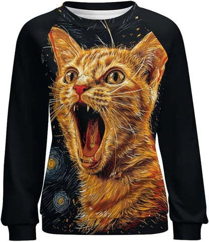Long Sleeve Shirts for Women Cat Oil Painting Shirt 3D Graphic Sweatshirts Fall Pullover Crewneck Vintage Boho Tops