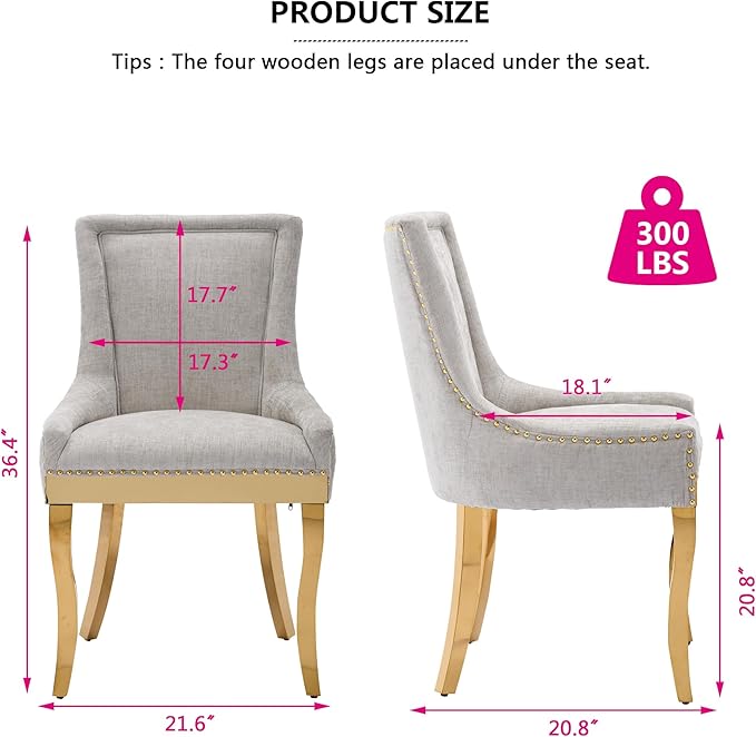 Luxury Fabirc Upholstered Dining Chairs Set of 6,Neutral Chenille Kitchen Room Chair with Nailhead Trim,6 Piece Modern Side Chairs for Dining Room,Living Room,Bar (Beige-Gold, Set of 6)