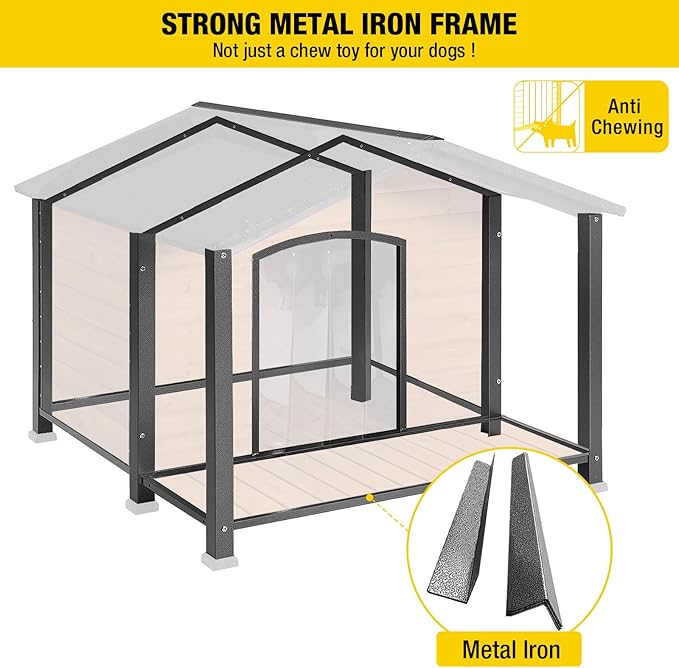 Aivituvin Dog House Outdoor with Metal Frame, Dog Kennel Outside for Large Breed, 41.5" Weatherproof Large Dog Shelter with Anti-Chewing Iron Frame, Brown (41.38" D x 41.54" W x 34.05" H)