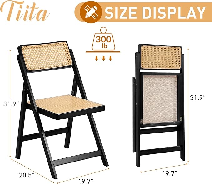 Tiita Rattan Dining Chairs Set of 2, Mid Century Modern Folding Chair, Bamboo Folding Dining Chairs for Small Space, Dining Room, Living Room, Bedroom, Black