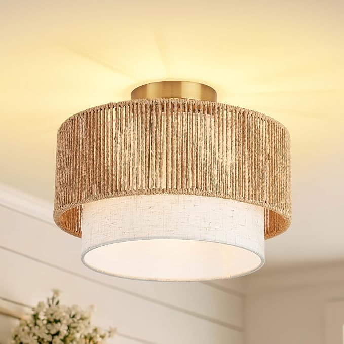 12.6" Drum Flush Mount Ceiling Light Hallway Light Fixtures with Rattan Shade,1-Light Semi Flush Light Fixture Ceiling Mount for Kitchen, Bedroom, Bathroom, Living Room