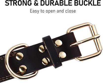 Genuine Leather Dog Collar, Heavy Duty Wide Dog Collar for Small, Medium,Large and Extra Large Dog (XL: 1.4" Wide for 18.6"-25.8" Neck, Dual Stitch - Brown)