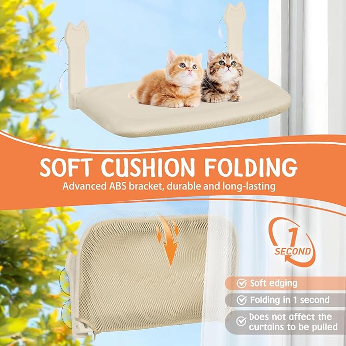 Cat Window Hammock 2-Pack,Foldable Cat Perch with Suction Cups & Metal Frame,Holds up to 40 lbs - Durable & Secure for Cats,Features 2-Sided Cushion & Easy Storage for Sunny Lounging(Beige)