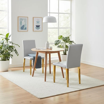 Modern Dining Chairs Set of 2, Light Gray PU Leather with Gold Metal Legs, High Back Kitchen Chairs, 35.4 Inch Height, Contemporary Minimalist Design