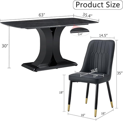 Modern Dining Table Set for 6, Marble Kitchen Table Chair Set for 6, Rectangular Kitchen Table with 6 Pu Leather Upholstered Chair for Dining Room (Black Table with 6 Black Chairs)