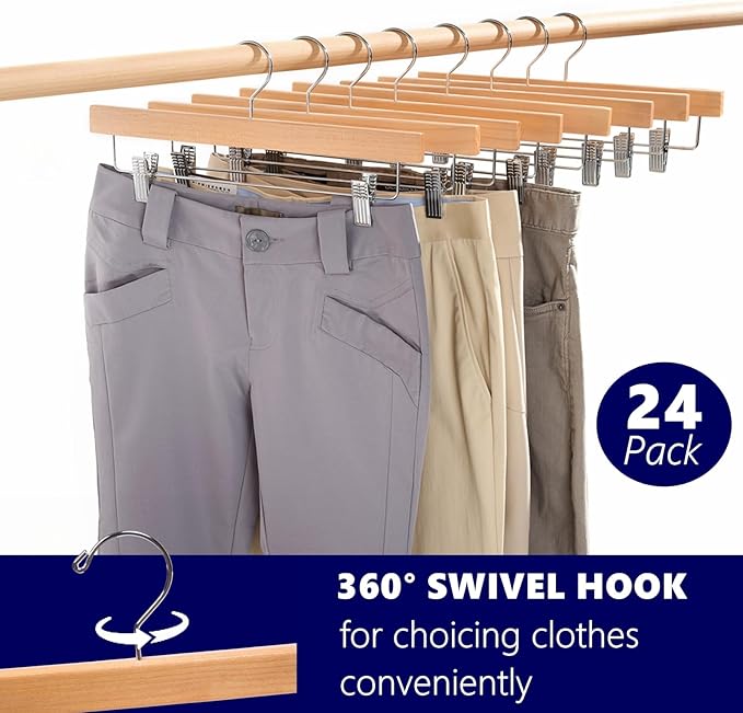 Amber Home 24 Pack Natural Wooden Pants Hangers with Clips, Wood Skirt Hangers Trouser Hangers for Jeans, Slacks, Shorts with 2-Adjustable Clips