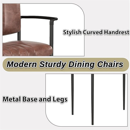 Mid-Century Modern PU Leather Dining Chairs Set of 4, Upholstered Kitchen Chairs with Arms and Metal Legs Adjustable Feet for Kitchen Dining Room(Brown)