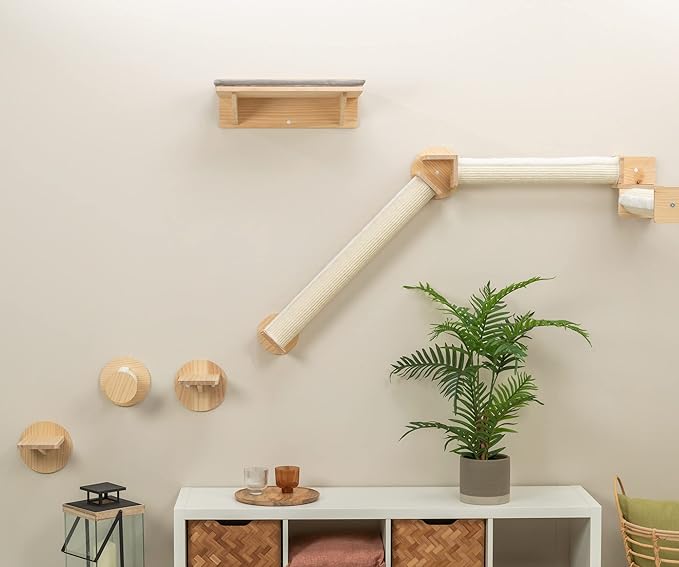 Trixie Cat Wall Furniture Set 6-7pc Cat Climbing Wall Set - Sisal Rope Scratching Posts, Elevated Bed, Corner Shelf, Steps - Natural/White