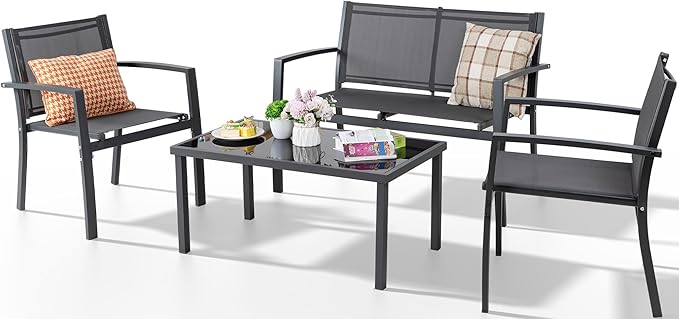 Shintenchi 4 Pieces Patio Furniture Set All Weather Textile Fabric Outdoor Conversation Set, with Glass Coffee Table, Loveseat, 2 Single Chairs for Home, Garden, Lawn, Porch（Gray）