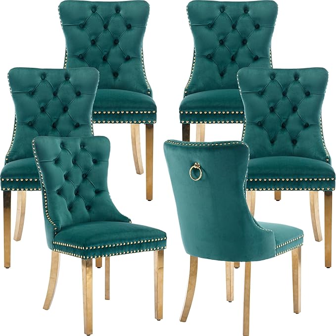 Luxury Upholstered Dining Chairs Set of 6, Green Kitchen Chair with Golden Metal Legs, Velvet Tufted Back Dining Chair, Sillas de Comedor, Modern Kitchen & Dining Room Chairs (Green, 6 Pcs)