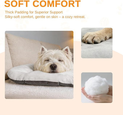 Washable Oval Dog Bed for Large Dogs, Silver-Tipped High-Resilience, Beige | Non-Slip Bottom Prevents Sliding, Soft Plush Short Fur, Machine Washable, Ideal for Crates/Apartments/Cozy Nooks,35"x22"x3.2"