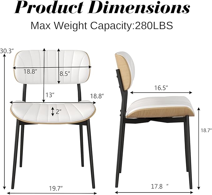 Modern PU Leather Dining Room Chairs Set of 4, Upholstered Kitchen Chairs with Curved Wood Backrest and Metal Legs Adjustable Feet for Kitchen Dining Room(White)