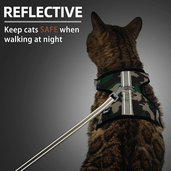 PUPTECK Cat Harness and Leash Set Escape Proof, Reflective Adjustable Soft Mesh Kitten Vest Harness for Walking Travel, Camouflage, S