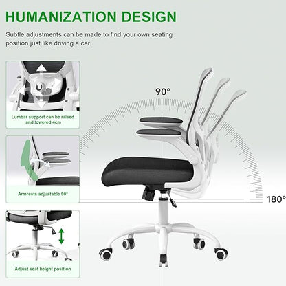Ergonomic Office Chair High Back with Adjustable Lumbar Support, Mesh Computer Chair,Headrest and Flip-Up Arms for Executive, 90-120° Tilt Swivel Rolling Task Chairs(White-black6076)