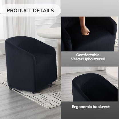 Modern Upholstered Dining Chair with Swivel Casters, Velvet Barrel Back Accent Side Chair for Dining Room Living Room, Black