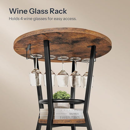 HOOBRO Round Bar Table, 2-Tier Counter Height Pub Table with Wine Glass Holder, Industrial Cocktail Table, for Small Space, Tavern, Living Room, Dining Room, Patio, Rustic Brown and Black BF62BT01G1