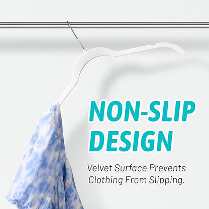 Premium Velvet Shirt Hangers 50 Pack, Non-Slip 360° Swivel Hook Slim Felt Hanger, Space Saving Flocked Hangers for Tank Tops, Blouses, Strappy Dresses(White)