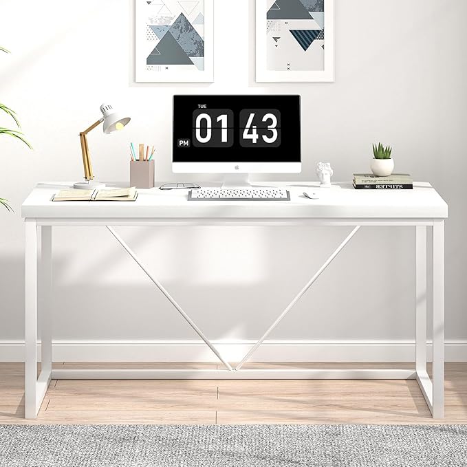 EXCEFUR Home Office Desk, Modern Wood Computer Desk, Wood Study Writing Table, Simple Gaming Executive Desk Workstation for Bedroom Living Room, White, 53 inch