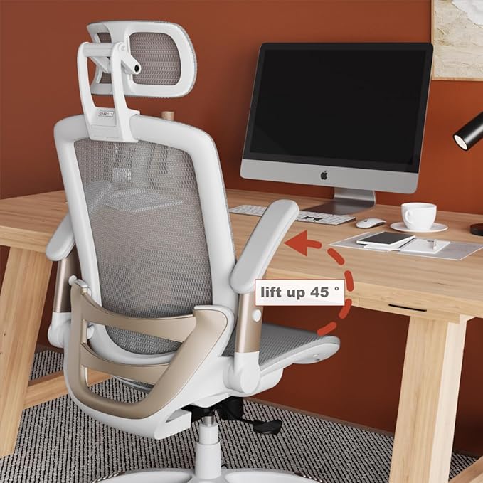 GABRYLLY Ergonomic Office Chair, High Back Home Desk Chair with Headrest, Flip-Up Arms, 90-120° Tilt Lock and Wide Cushion, Big and Tall Mesh Chairs for Man Woman, White Task Chair