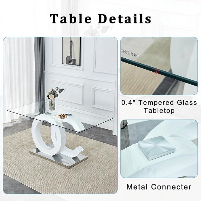 gopop 63'' Glass Dining Table, Modern Kitchen Table, Clear Glass Dinner Table with White Unique Design Leg and Silver Metal Base.(Only Table)
