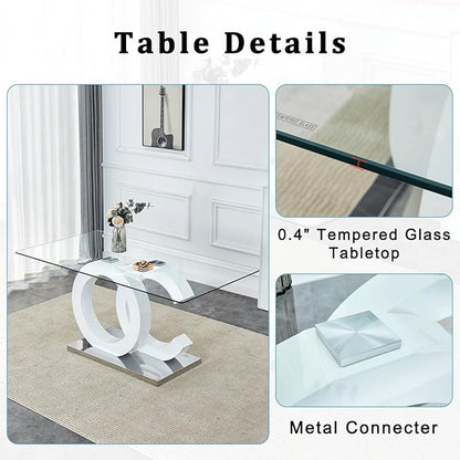 gopop 63'' Glass Dining Table, Modern Kitchen Table, Clear Glass Dinner Table with White Unique Design Leg and Silver Metal Base.(Only Table)