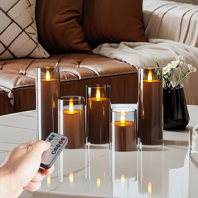 Homemory Realistic Flickering Flameless Candles, Battery Operated Candles, LED Fake Electric Candle with Remote Control and Timer for Home, Christmas Decoration, Grey, Set of 5